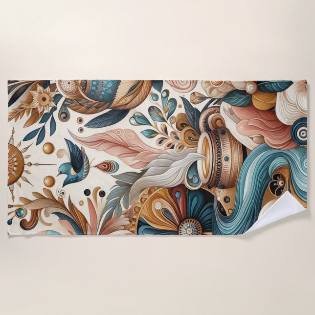 Bohemischer Mix aus aquamarinen, magentafarbenen,  Strandtuch (Vorderseite)