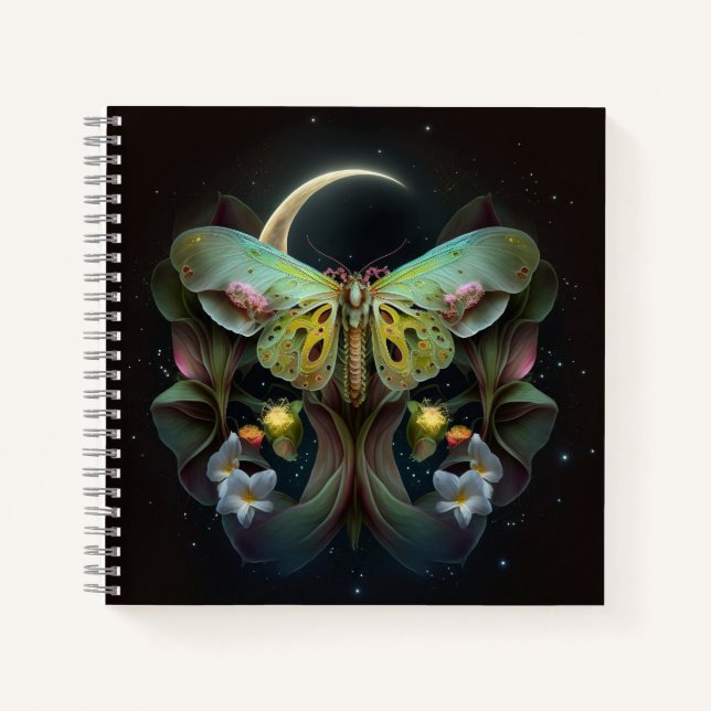 Bohemischer Moth Moon und Blume Notebook Notizbuch (Vorderseite)