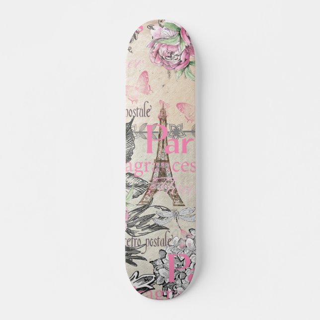 Bohemischer rosa schwarzer Blumenturm paris Eiffel Skateboard (Vorne)