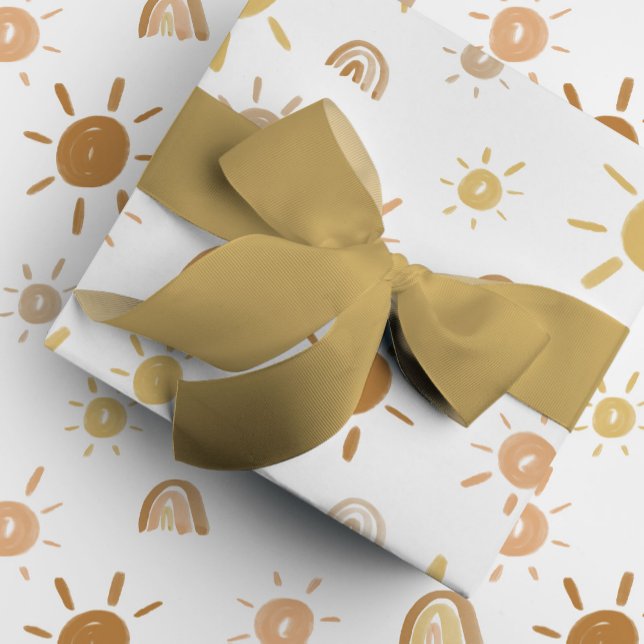 Bohemischer Sonnenschein und Regenbogen in Gelb Geschenkpapier (Golden yellow watercolor sunshines and rainbows gift wrapping paper.)