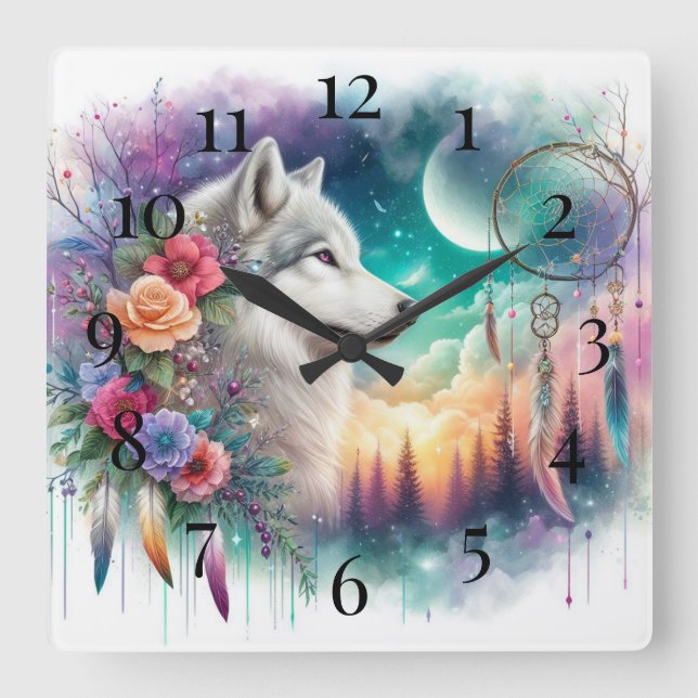 Bohemischer Wolf und Dreamcatcher Quadratische Wanduhr (Vorderseite)