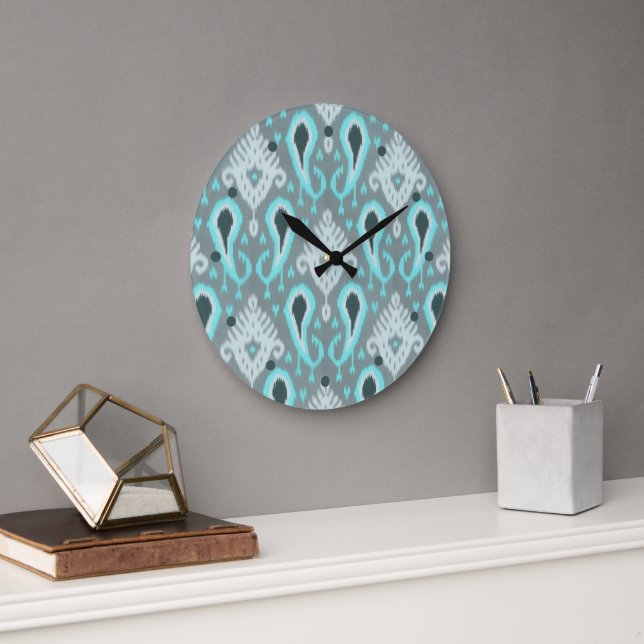Bohemisches Aqua Turquoise Ikat Tribal Art Muster Große Wanduhr (Büro)