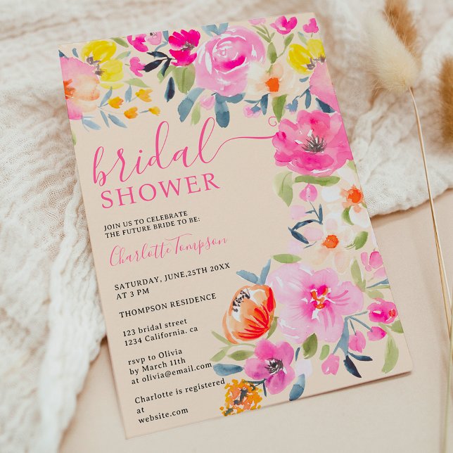 Bohemisches blumenfarbenes Brautparty Einladung (Bohemian floral watercolor blush bridal shower invitation)