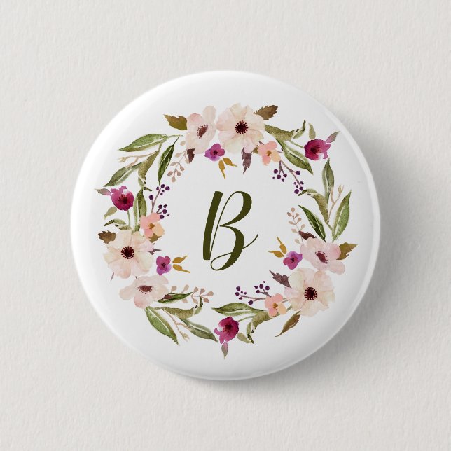 Bohemisches Blumenmuster-Monogramm Button (Vorderseite)