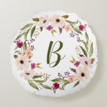 Bohemisches Blumenmuster-Monogramm Rundes Kissen<br><div class="desc">Bohemisches inspiriertes Rundkissen mit Aquarell lila und ElfenbeinBlume mit Laubkraut. Dieses individuell anpassbare Rundkissen aus Monogramm ist ein personalisiertes Geschenk.</div>