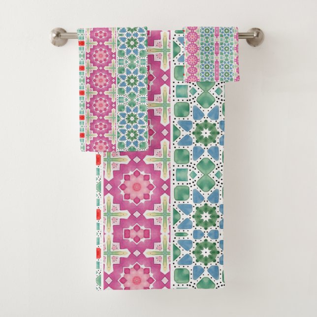 Bohemisches Blumenmuster Watercolor-Mosaik Badhandtuch Set (Insitu)