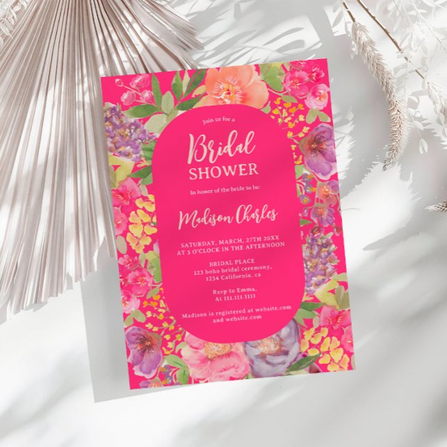 Bohemisches Brautparty mit Blumenschrift Einladung (Bohemian bright floral arch script bridal shower invitation)