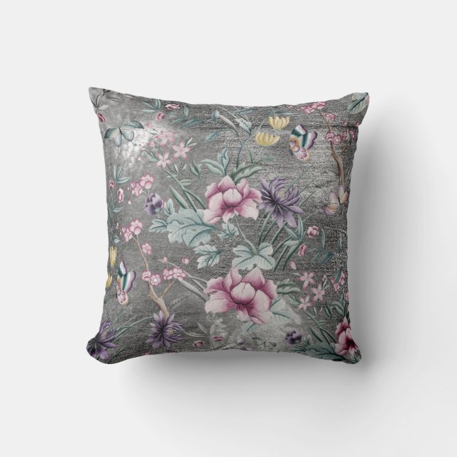 Bohemisches Chinoiserie Aquamarin Butterfly Grau G Kissen (Vorderseite)