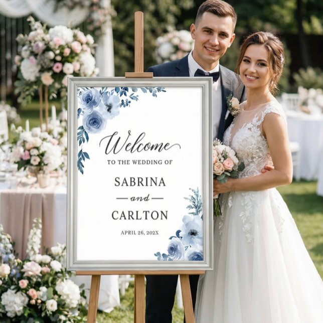 Bohemisches Dusty Blue Floral Wedding Sign Poster (Von Creator hochgeladen)