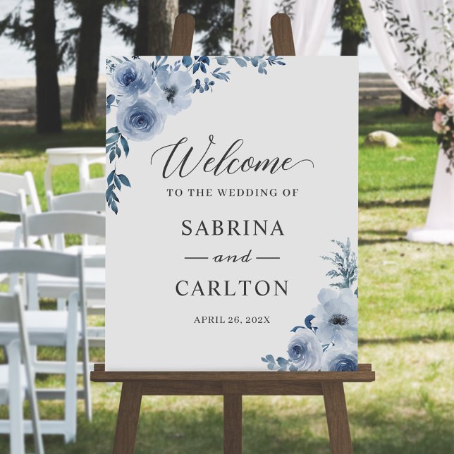 Bohemisches Dusty Blue Floral Wedding Sign Poster (Von Creator hochgeladen)