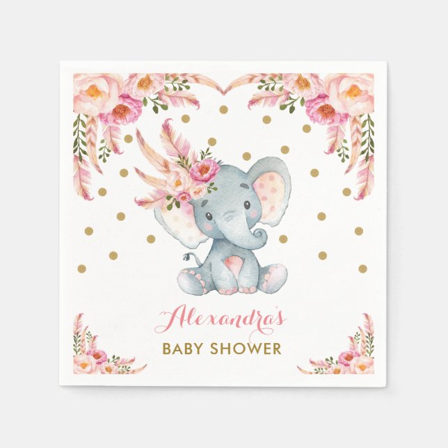 Bohemisches Elephant Pink Gold Floral Paper Napkin Serviette (Vorderseite)