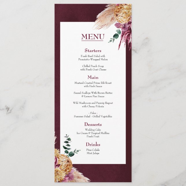 Bohemisches Fall Burgund Floral Wedding Flat Menu Menükarte (Vorderseite)