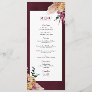 Bohemisches Fall Burgund Floral Wedding Flat Menu Menükarte