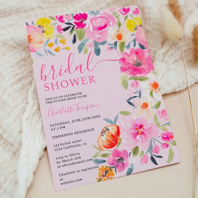 Bohemisches, fett blühendes Brautparty Einladung (Bohemian bold floral watercolor pink bridal shower invitation)