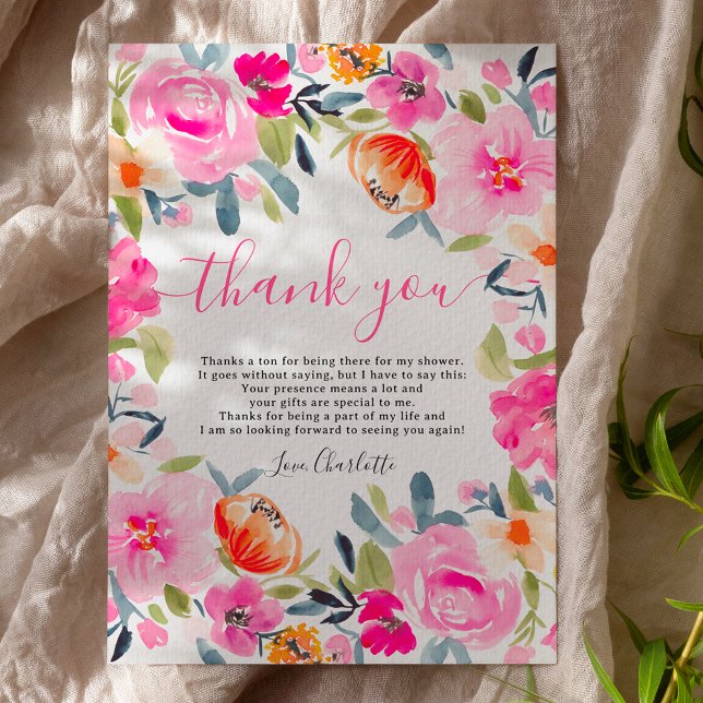 Bohemisches, fett geblümtes Brautparty Dankeskarte (Bohemian bold floral watercolor bridal shower thank you card on white)