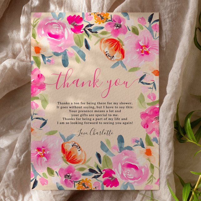 Bohemisches, fett geblümtes Brautparty Dankeskarte (Bohemian bold floral watercolor bridal shower thank you card on beige)