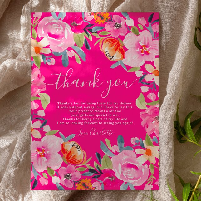 Bohemisches, fett geblümtes Brautparty Dankeskarte (Bohemian bold floral watercolor bridal shower thank you card on hot neon pink)