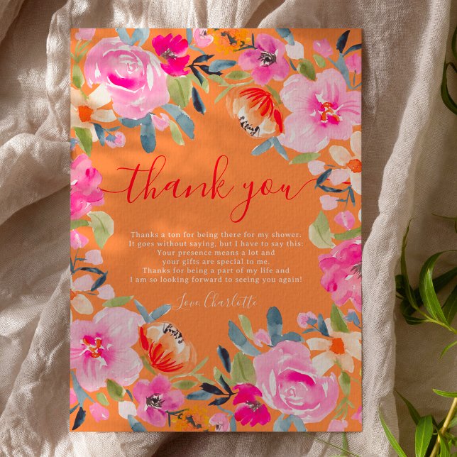 Bohemisches, fett geblümtes Brautparty Dankeskarte (Bohemian bold floral watercolor bridal shower thank you card on orange)