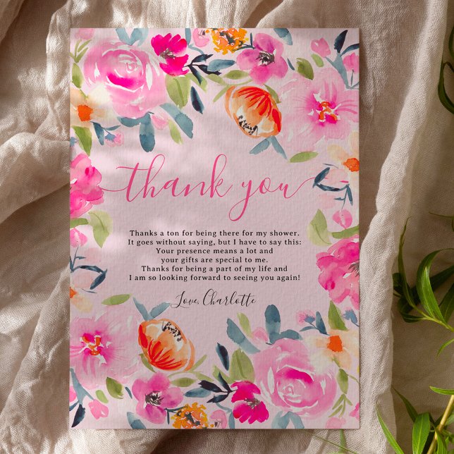 Bohemisches, fett geblümtes Brautparty Dankeskarte (Bohemian bold floral watercolor bridal shower thank you card on pink)