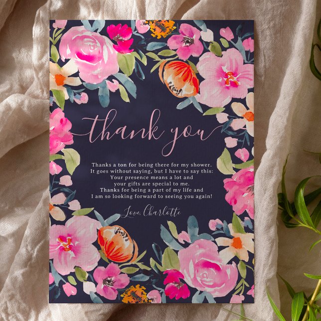 Bohemisches, fett geblümtes Brautparty Dankeskarte (Bohemian bold floral watercolor bridal shower thank you card on navy blue)