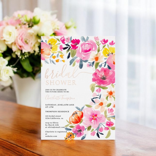 Bohemisches, fett geblümtes Brautparty Folieneinladung (Bohemian bold floral watercolor bridal shower foil invitation)