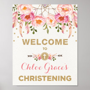 Bohemisches florales Christening Rosa und Gold Wil Poster