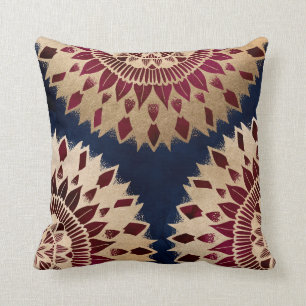 Bohemisches Gold Navy Burgundy Hand Drawn Mandala Kissen