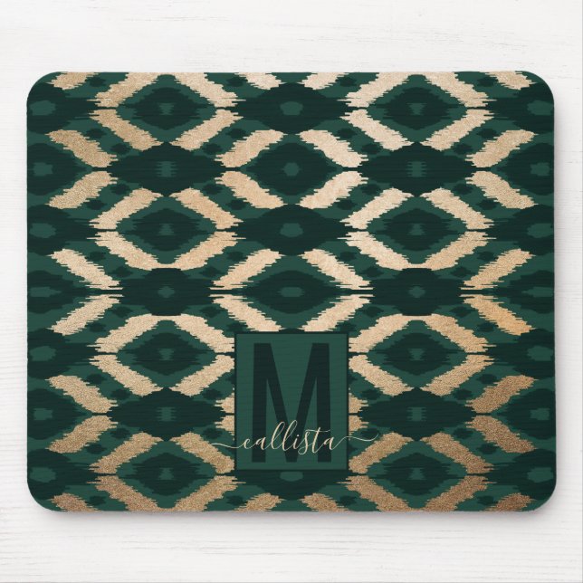 Bohemisches goldwaldgrünes Ikat-Muster Mousepad (Vorne)