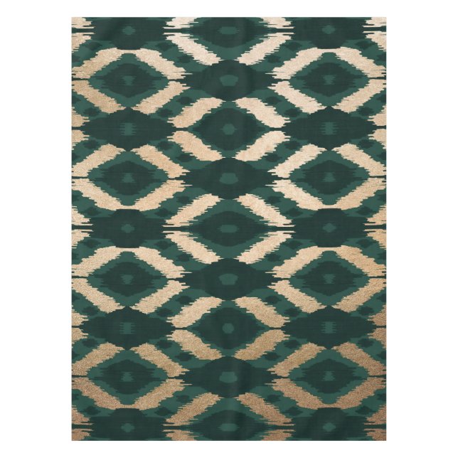 Bohemisches goldwaldgrünes Ikat-Muster Tischdecke (Vorderseite)