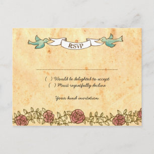 Bohemisches Herz, Rose, Vögel und Bannerhochzeit Einladungspostkarte