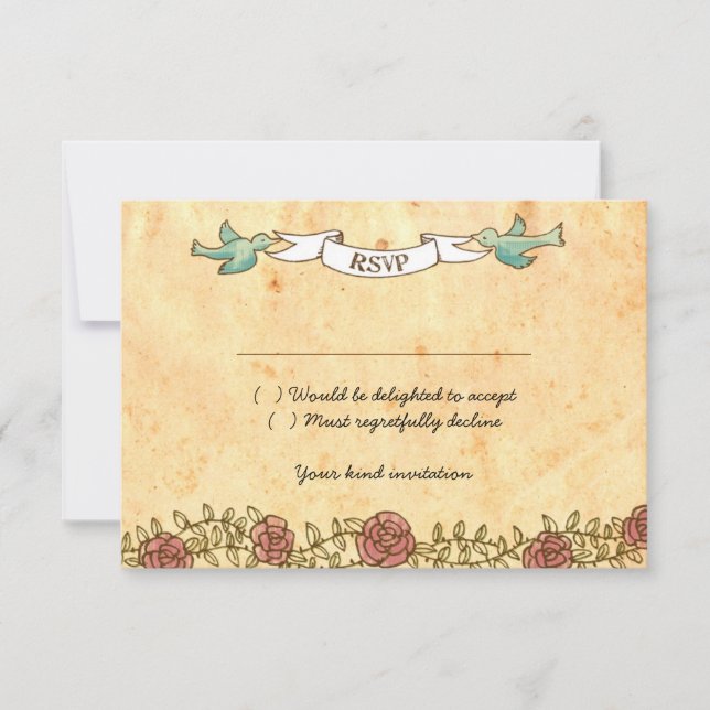 Bohemisches Herz, Rose, Vögel und Bannerhochzeit RSVP Karte (Vorderseite)