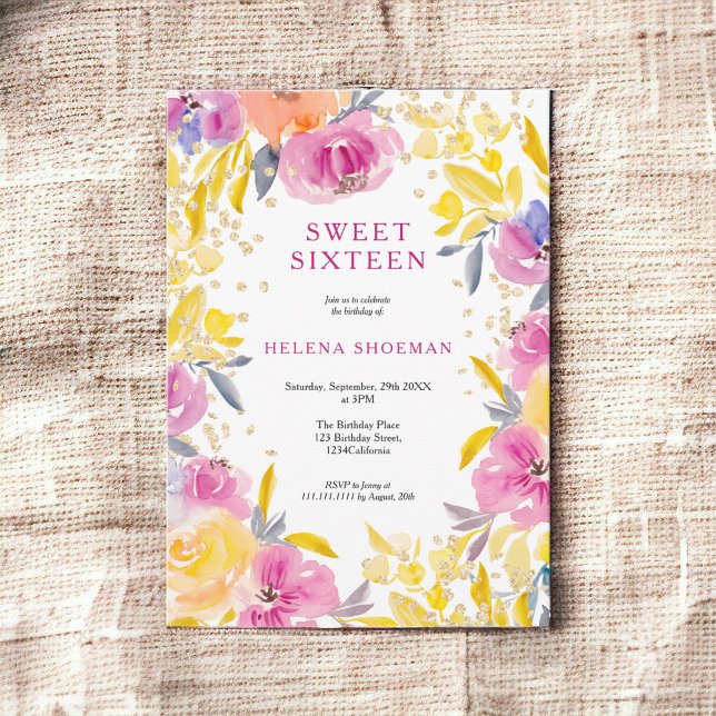 Bohemisches lila Glitzer Blumenstrauß Foto Sweet 1 Einladung (Bohemian purple gold glitter floral photo Sweet 16 Invitation)