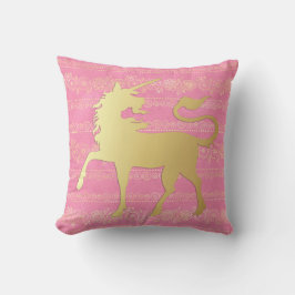 Bohemisches Muster und Einhorn aus Gold und Rosa Kissen
