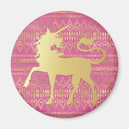 Bohemisches Muster und Einhorn aus Gold und Rosa Magnet