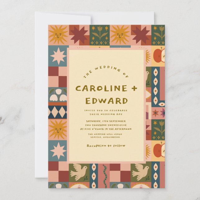 Bohemisches Patchwork Hochzeitsempfang Einladung (Vorderseite)