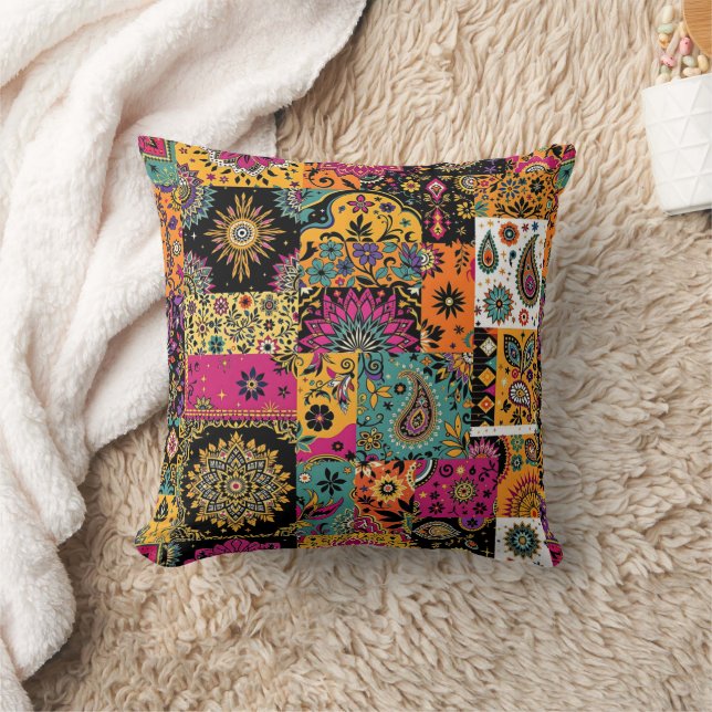 Bohemisches Patchwork Mandala und Paisley Pattern Kissen (Decke)