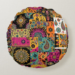 Bohemisches Patchwork-Mandala- und Paisleymuster Rundes Kissen