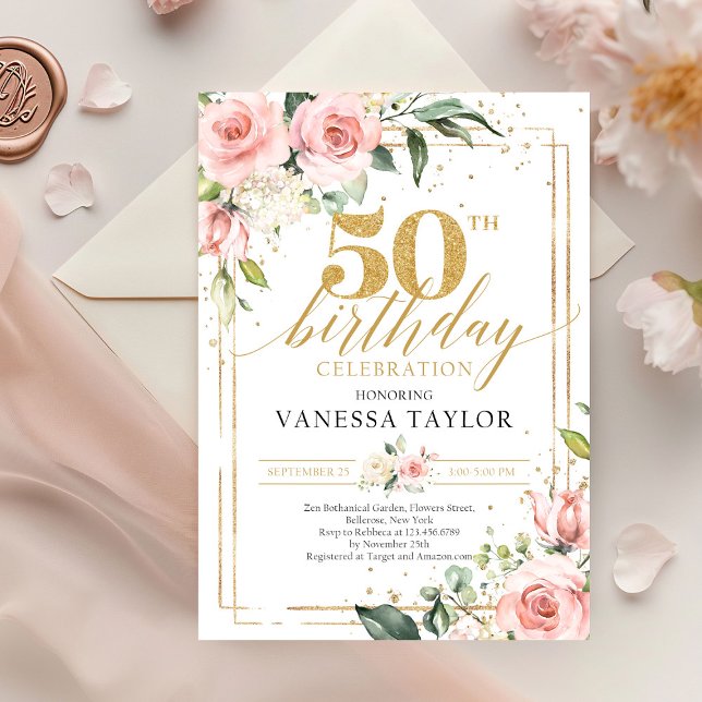 Bohemisches Rosa Blumengrün und Gold 50. Einladung (boho blush pink flowers roses mixed green eucalyptus on gold frame 50th birthday invitation)