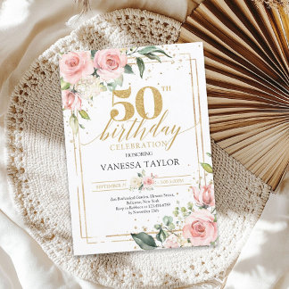Bohemisches Rosa Blütengold 50. Geburtstag Einladung