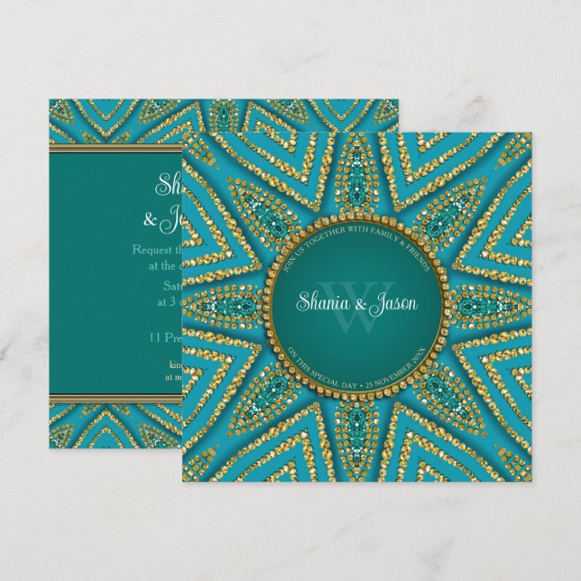 Bohemisches Sun Gold und Aquamariner Sparkon Einladung (Vorne/Hinten)