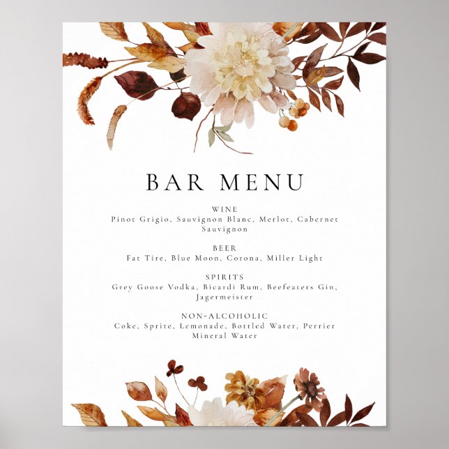 Bohemisches Terracotta Fall Floral Bar Menu Poster (Vorne)