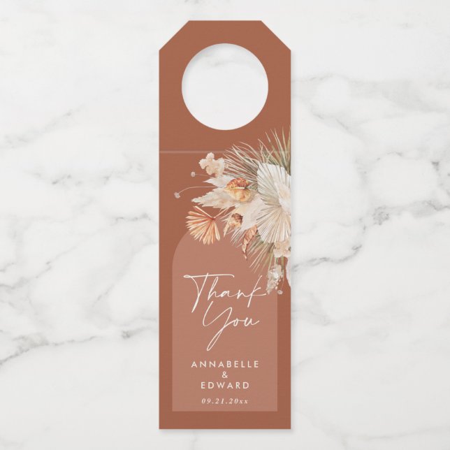 Bohenian boho Rost Terracotta Hochzeit danke Flaschenanhänger (Vorderseite)