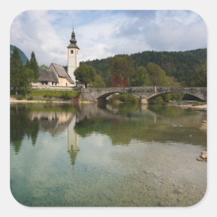 Bohinj See mit Kirche in Slowenien Aufkleber