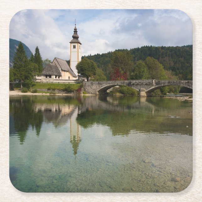 Bohinj See mit Kirche in Slowenien-Untersetzer Rechteckiger Pappuntersetzer (Vorderseite)