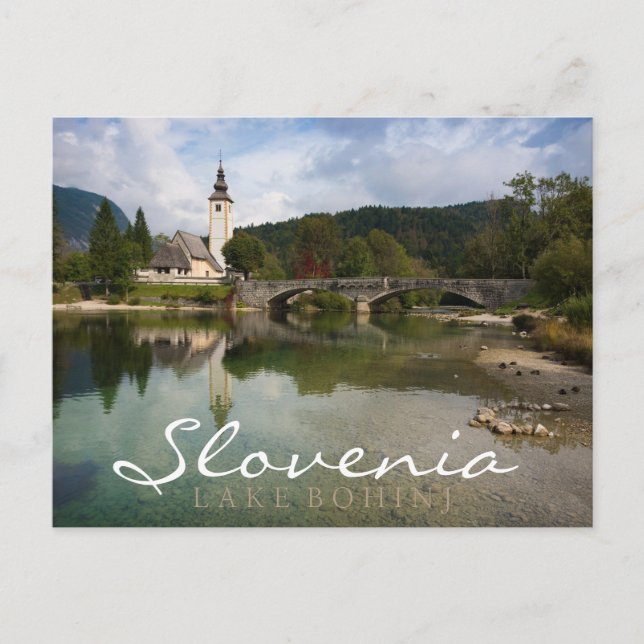 Bohinj See mit Kirche, Slowenien Doppeltextkarte Postkarte (Vorderseite)