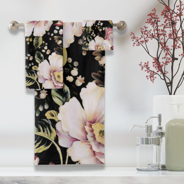 Böhmisch-Chic Rosa Blume dunkelblütig Badhandtuch Set (bohemian chic blush pink flowers dark floral bath towel set)