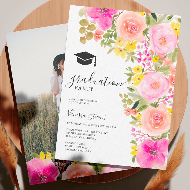 Böhmisch-gartenfarbene Blume Abschluss Einladung (Garden bohemian watercolor flowers graduation invitation)