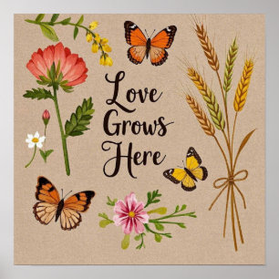 Böhmische Wildblumen, Schmetterlinge, Weizenhalme Poster