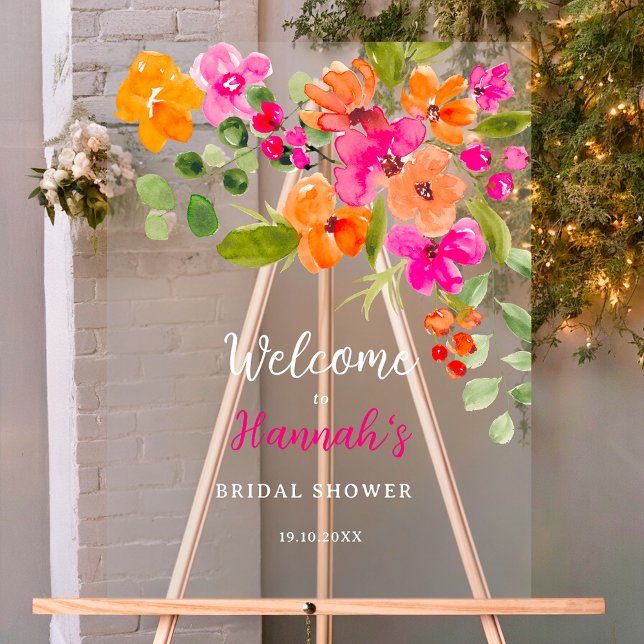Böhmischer Empfang mit orangefarbenem Geflecht Acrylschild (Boho fall orange floral watercolor bridal welcome acrylic sign)