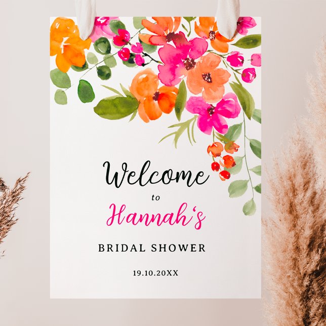 Böhmischer Empfang mit orangefarbenem Geflecht Poster (Boho fall orange floral watercolor bridal welcome poster)